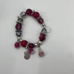 Handmade beaded stretchy red and silver bracelet